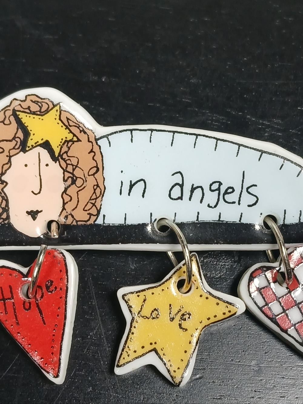 “I Believe In Angels” Ceramic Brooch/Pin 1997 Dangle BROOCH Faith Religious